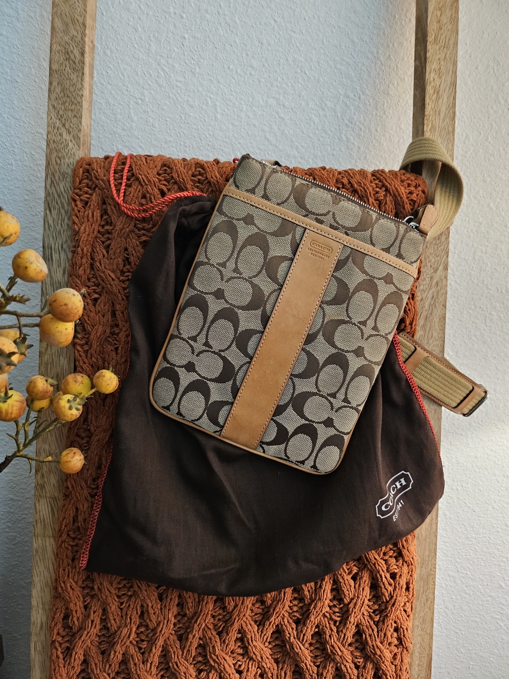 Coach Signature Stripe File Bag Crossbody Brown & Black